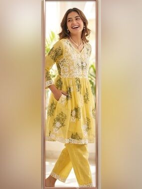 Lakhnavi Yellow Floral Embroidered Tunic & Pant Set
